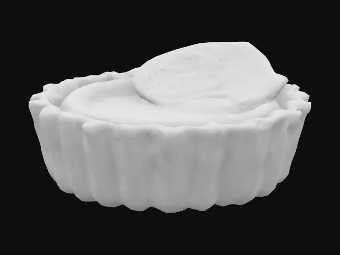 3D model for A small dark chocolate tartlet square with a crisp cocoa crust and ganache infused with Moroccan Ras el Hanout spice blend (notes of cinnamon, nutmeg, cardamom). Finished with a gold-swirled chocolate shard and a dusting of paprika sugar.