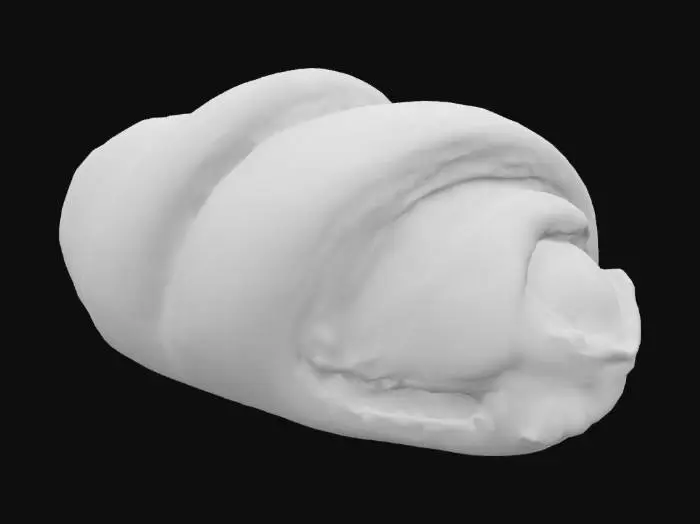 3D model for A puff pastry mini twist with visible flaking, filled with sweetened Ghanaian pineapple and candied ginger jam. Glossy surface from an egg wash, with caramelized sugar edges and a tropical scent profile.