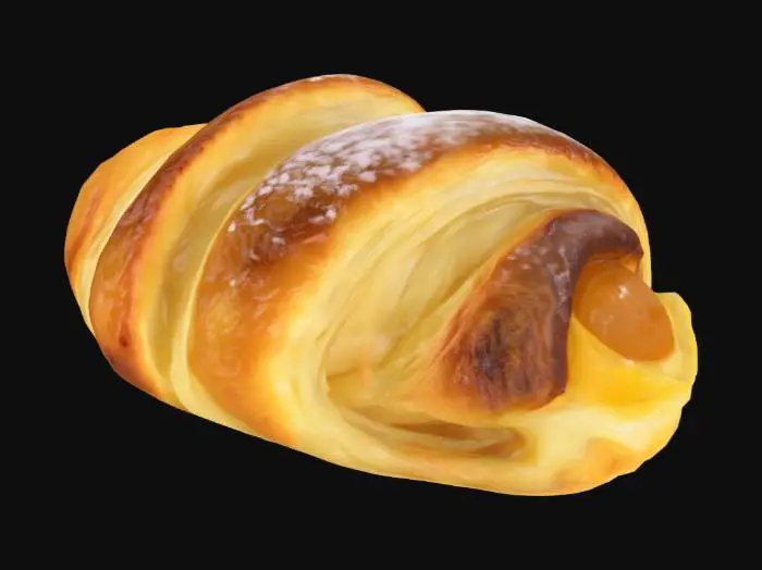 3D model for A puff pastry mini twist with visible flaking, filled with sweetened Ghanaian pineapple and candied ginger jam. Glossy surface from an egg wash, with caramelized sugar edges and a tropical scent profile.