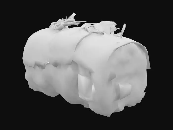 3D model for A maki-style roll where pearl couscous replaces rice, rolled with roasted red pepper, za’atar cucumber slivers, and a slice of grilled eggplant. Wrapped in nori and topped with a tiny dot of date-soy glaze.