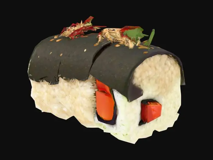 3D model for A maki-style roll where pearl couscous replaces rice, rolled with roasted red pepper, za’atar cucumber slivers, and a slice of grilled eggplant. Wrapped in nori and topped with a tiny dot of date-soy glaze.