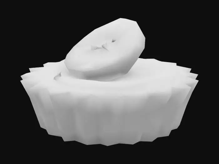 3D model for A miniature tart shell filled with roasted banana purée infused with Tanzanian clove and cinnamon. Topped with a bruléed banana coin and finished with a drop of rum-laced caramel. Crust is golden and lightly sugared.