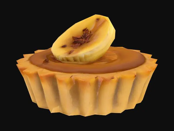 3D model for A miniature tart shell filled with roasted banana purée infused with Tanzanian clove and cinnamon. Topped with a bruléed banana coin and finished with a drop of rum-laced caramel. Crust is golden and lightly sugared.