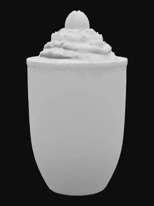3D model for A tiny transparent glass cup filled with layered creamy mascarpone and coffee-soaked sponge cake. The mascarpone layer is smooth and matte with tiny air bubbles, the sponge is dark brown and porous. The top is dusted evenly with cocoa powder, fine and matte, and garnished with a single chocolate-covered espresso bean.
