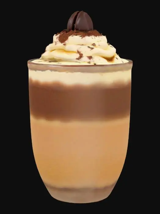 3D model for A tiny transparent glass cup filled with layered creamy mascarpone and coffee-soaked sponge cake. The mascarpone layer is smooth and matte with tiny air bubbles, the sponge is dark brown and porous. The top is dusted evenly with cocoa powder, fine and matte, and garnished with a single chocolate-covered espresso bean.