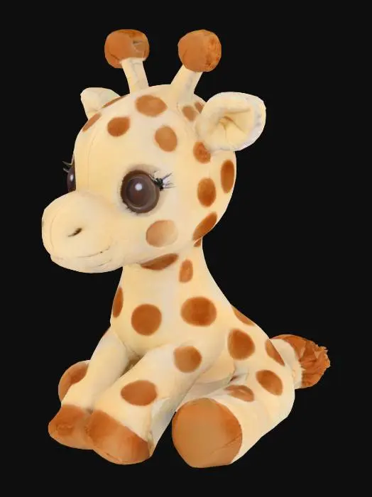 3D model for Cute, small stuffed giraffe with a long neck, soft spots, and tiny ossicones. Light beige plush with warm brown accents, big eyes, and a friendly expression.