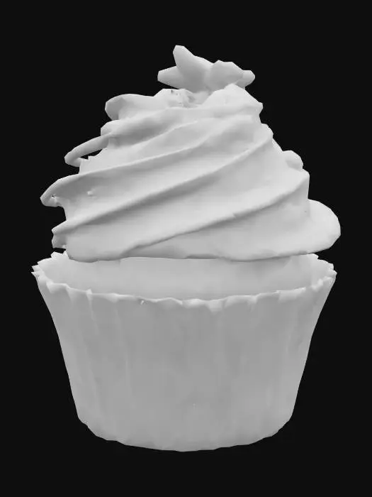 3D model for Mini vanilla cupcake with red, white, and blue swirled frosting. Topped with candy stars and sugar shards shaped like fireworks. Paper wrapper in stars-and-stripes pattern.