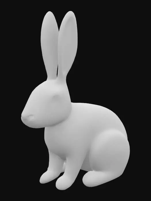 3D model for Generate a 3D model of a whimsical hand-carved wooden bunny. The bunny should be sitting upright with long ears, a rounded body, and a small button-like nose. Use warm-toned wood with fine grain and polished edges. Add soft detail to suggest fur texture. Set on a home décor shelf with cozy lighting and neutral background.