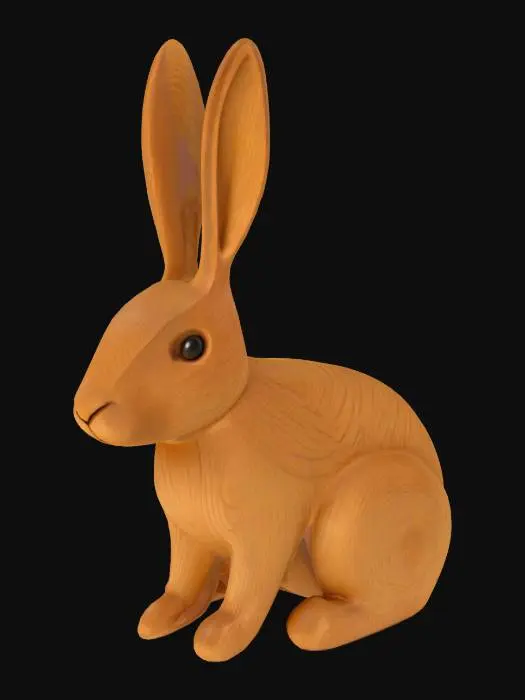 3D model for Generate a 3D model of a whimsical hand-carved wooden bunny. The bunny should be sitting upright with long ears, a rounded body, and a small button-like nose. Use warm-toned wood with fine grain and polished edges. Add soft detail to suggest fur texture. Set on a home décor shelf with cozy lighting and neutral background.
