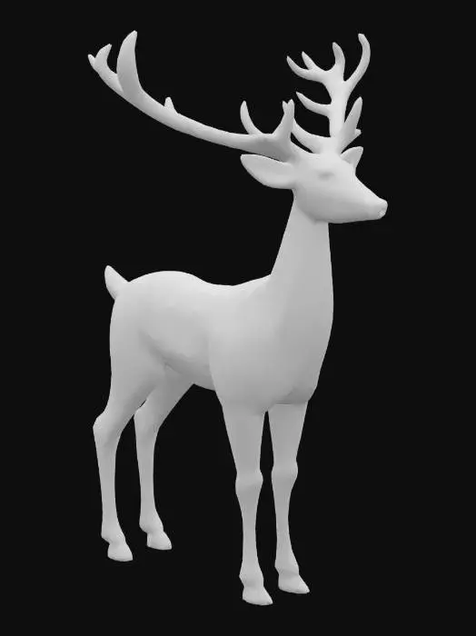 3D model for Render a slender, graceful wooden deer figurine with delicate legs and carved antlers. The deer should be in a standing pose, as if alert in a forest. Use dark walnut or richly grained oak wood with visible carving lines and a soft satin finish. Place on a light wood shelf with warm, indirect lighting and a clean white backdrop