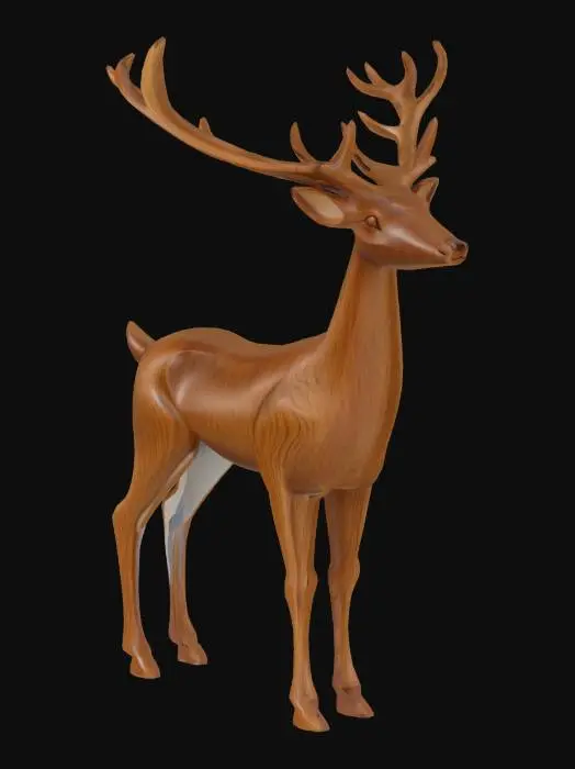 3D model for Render a slender, graceful wooden deer figurine with delicate legs and carved antlers. The deer should be in a standing pose, as if alert in a forest. Use dark walnut or richly grained oak wood with visible carving lines and a soft satin finish. Place on a light wood shelf with warm, indirect lighting and a clean white backdrop