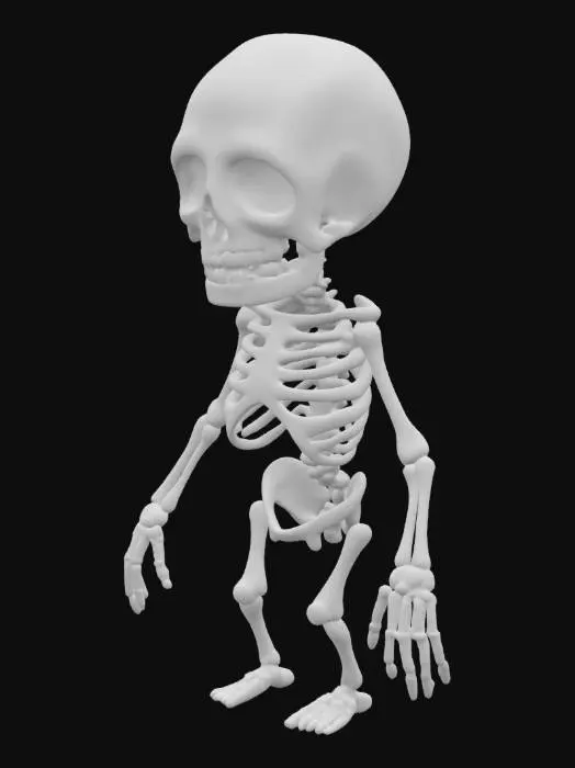 3D model for A chattering skeleton is made entirely of bones. It has a skull with hollow, dark eye sockets and a jawbone that can move. Its body consists of a rib cage, spinal column, arm bones, and leg bones, all connected at various joints.