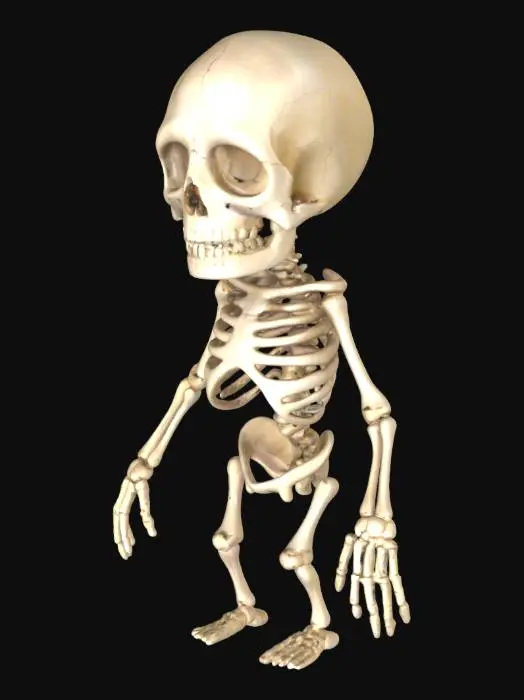 3D model for A chattering skeleton is made entirely of bones. It has a skull with hollow, dark eye sockets and a jawbone that can move. Its body consists of a rib cage, spinal column, arm bones, and leg bones, all connected at various joints.