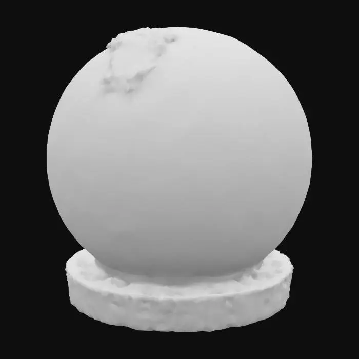 3D model for A perfect glossy dark chocolate sphere about 1 inch in diameter, reflecting light with a mirror-like finish. The surface is smooth with a subtle sheen, and a delicate gold leaf flake rests on top. The base reveals a thin chocolate biscuit layer with a matte texture and crumbly appearance.