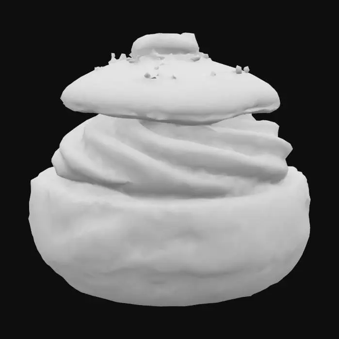 3D model for A small round cream puff with a light golden choux pastry shell, slightly cracked and matte. Filled with pale green pistachio cream visible through a small opening, smooth and glossy. The top is dusted with crushed pistachios, matte and crumbly, with irregular small chunks.