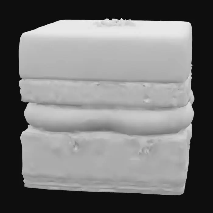 3D model for A perfect cube of layered dessert: the base is crisp dark chocolate biscuit (matte and slightly crumbly), topped with a glossy layer of salted caramel, and finished with a tempered chocolate shell. A tiny flake of sea salt sparkles at the top corner.