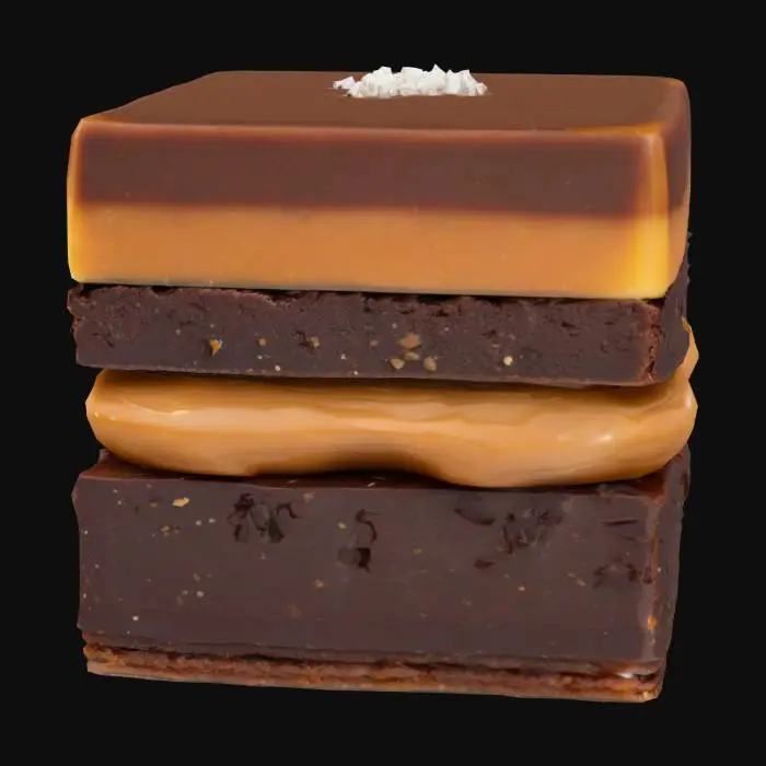 3D model for A perfect cube of layered dessert: the base is crisp dark chocolate biscuit (matte and slightly crumbly), topped with a glossy layer of salted caramel, and finished with a tempered chocolate shell. A tiny flake of sea salt sparkles at the top corner.