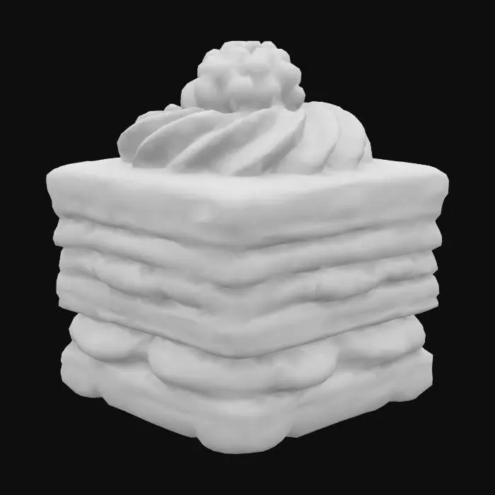 3D model for A perfect square with alternating micro-layers of puff pastry (crisp, flaky, golden) and vanilla bean pastry cream (off-white with visible specks). A single glossy blackberry rests on top with a tiny piped rosette of cream and a silver sugar pearl.