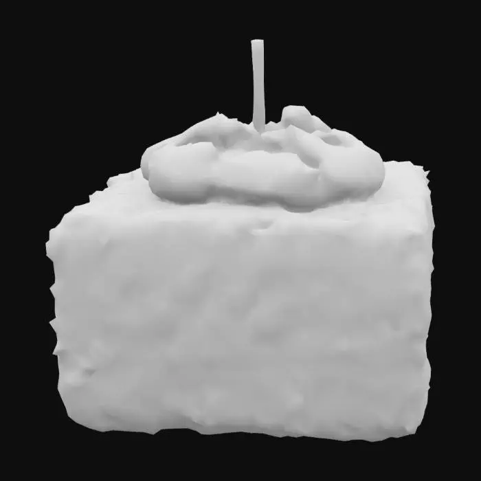 3D model for A crunchy, deep-fried potato cube—golden brown, rough-textured with salt crystal flecks—topped with a swirl of sour cream (matte white), crumbled bacon bits, and green scallion rounds. One corner is skewered with a toothpick for presentation.