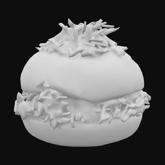 3D model for A soft mini Johnny cake—slightly puffy, golden brown with a flour-dusted matte surface—sliced open and filled with juicy pulled pork (shredded, mahogany brown with caramelized tips). A dollop of tropical slaw adds crunch and color: green cabbage, mango, and purple onion.