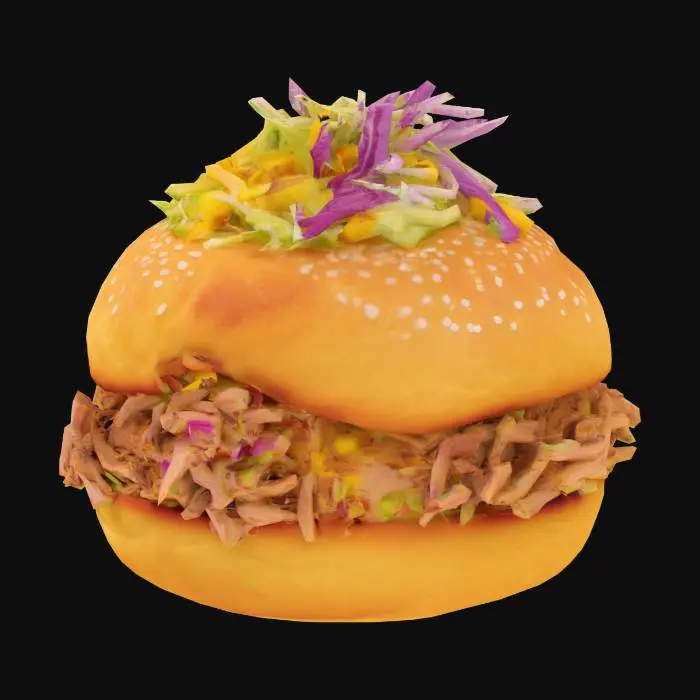 3D model for A soft mini Johnny cake—slightly puffy, golden brown with a flour-dusted matte surface—sliced open and filled with juicy pulled pork (shredded, mahogany brown with caramelized tips). A dollop of tropical slaw adds crunch and color: green cabbage, mango, and purple onion.