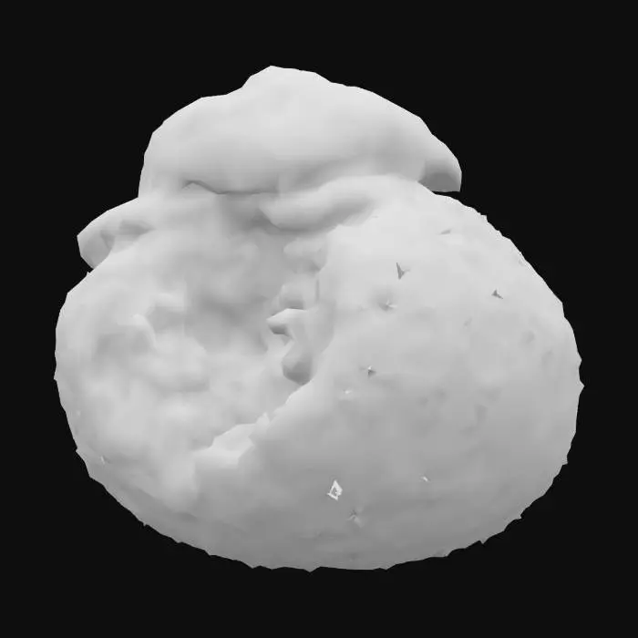 3D model for A golden, round risotto ball—crisp and breadcrumb-coated on the outside with a rough, fried texture. The interior is soft and creamy with visible rice grains, melted mozzarella, and saffron-yellow color. Served with a tiny dollop of smooth, rich marinara on top or beside.