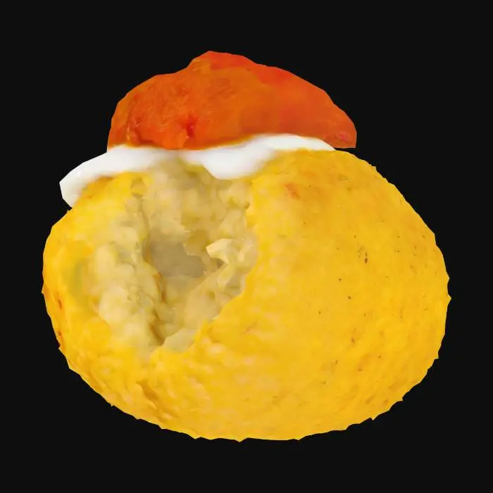 3D model for A golden, round risotto ball—crisp and breadcrumb-coated on the outside with a rough, fried texture. The interior is soft and creamy with visible rice grains, melted mozzarella, and saffron-yellow color. Served with a tiny dollop of smooth, rich marinara on top or beside.