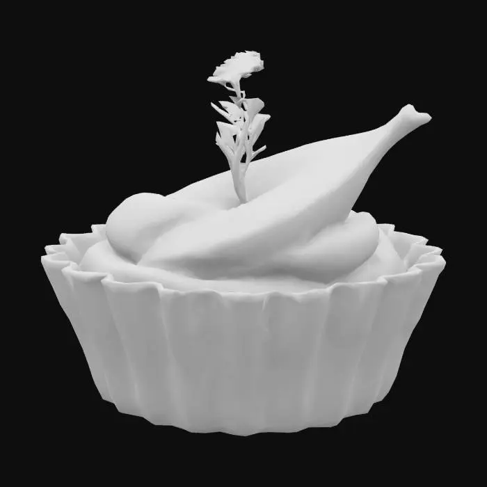 3D model for A bite-sized tart shell—golden, crisp, fluted—filled with whipped mascarpone (smooth, ivory, matte surface), topped with a thin fig slice (deep purple skin, ruby interior) and a tiny drop of wildflower honey. Finished with a fresh thyme leaf for Tuscan flair.