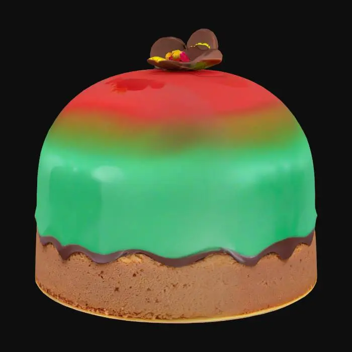 3D model for A perfectly smooth, glossy dome-shaped mousse cake with a mirror glaze—colors vary (deep red, emerald green, chocolate brown). The base is a thin sponge or biscuit with visible crumb texture. A delicate chocolate curl or edible flower rests atop.