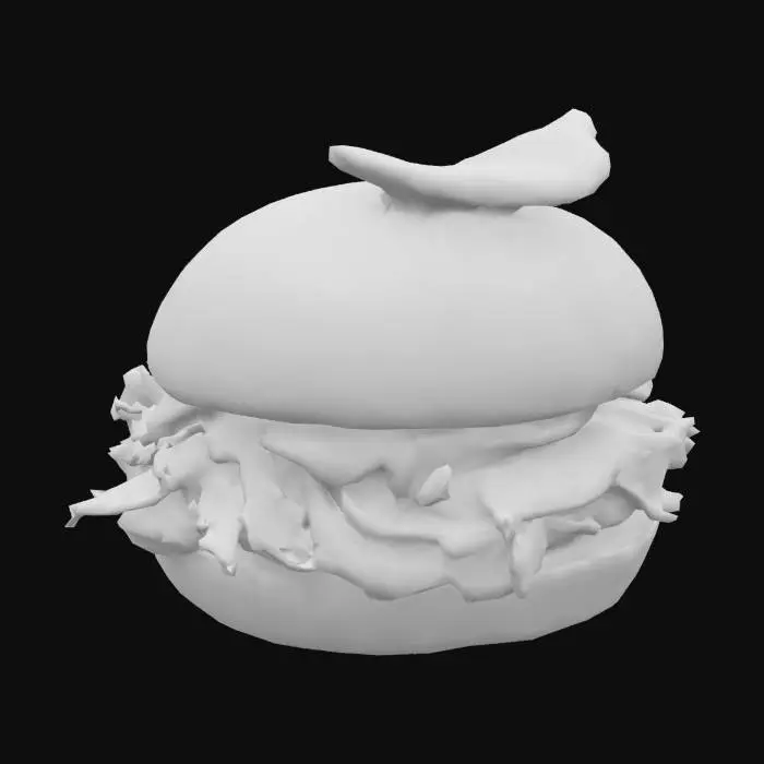 3D model for A bite-sized slider with a soft mini brioche bun (lightly glossy), filled with slow-cooked lamb shoulder spiced with Ras el Hanout. Topped with preserved lemon aioli and a single mint leaf. Meat is dark, tender, and pulled; bun is domed and smooth.