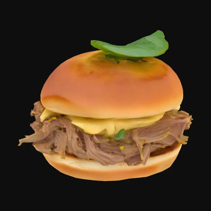 3D model for A bite-sized slider with a soft mini brioche bun (lightly glossy), filled with slow-cooked lamb shoulder spiced with Ras el Hanout. Topped with preserved lemon aioli and a single mint leaf. Meat is dark, tender, and pulled; bun is domed and smooth.