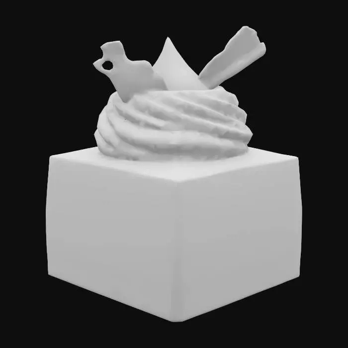 3D model for A petite cheesecake cube with a spiced sweet potato base, smooth and firm with an orange hue. Set on a ginger biscuit crust, topped with whipped vanilla bean cream and a shard of candied ginger