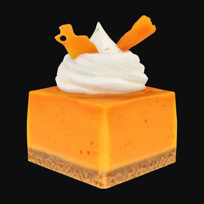 3D model for A petite cheesecake cube with a spiced sweet potato base, smooth and firm with an orange hue. Set on a ginger biscuit crust, topped with whipped vanilla bean cream and a shard of candied ginger