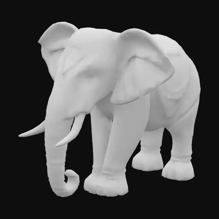 3D model for Create a 3D render of a carved wooden elephant figurine in a stylized, peaceful pose. Use rich oak or mahogany wood with ornate tribal-style carvings on its body. The elephant should have large ears, a curved trunk, and detailed texture around its feet and tail. Display on a smooth shelf with soft ambient lighting and a calm, neutral background