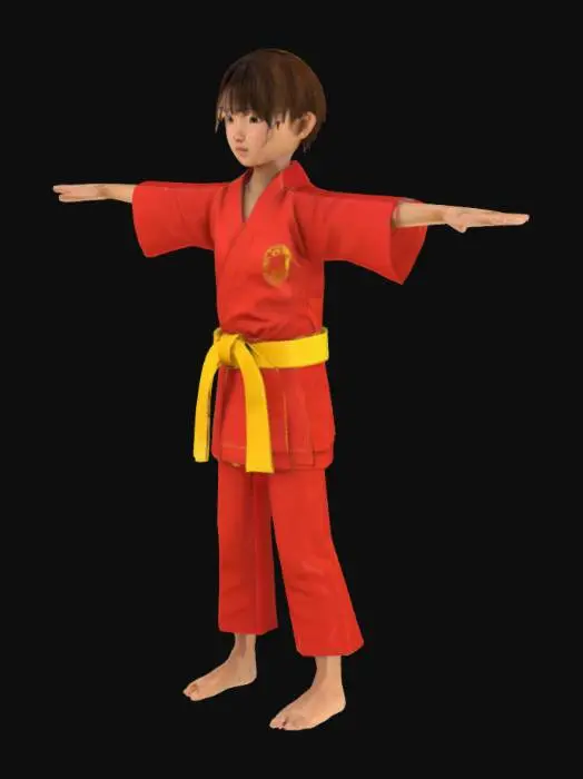 3D model for Barefoot Asian girl with brown hair wearing a red judo gi with a yellow belt tied around her waist in a t pose, beautiful, photorealistic, 3d
