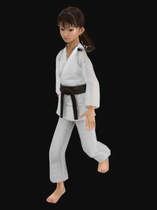 3D model for Barefoot Asian girl with brown hair tied in a ponytail and an oval face wearing a white judo gi with a black belt tied around her waist in a t pose, beautiful, photorealistic, 3d, humanistic, realistic hands and feet
