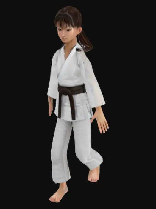 3D model for Barefoot Asian girl with brown hair tied in a ponytail and an oval face wearing a white judo gi with a black belt tied around her waist in a t pose, beautiful, photorealistic, 3d, humanistic, realistic hands and feet

