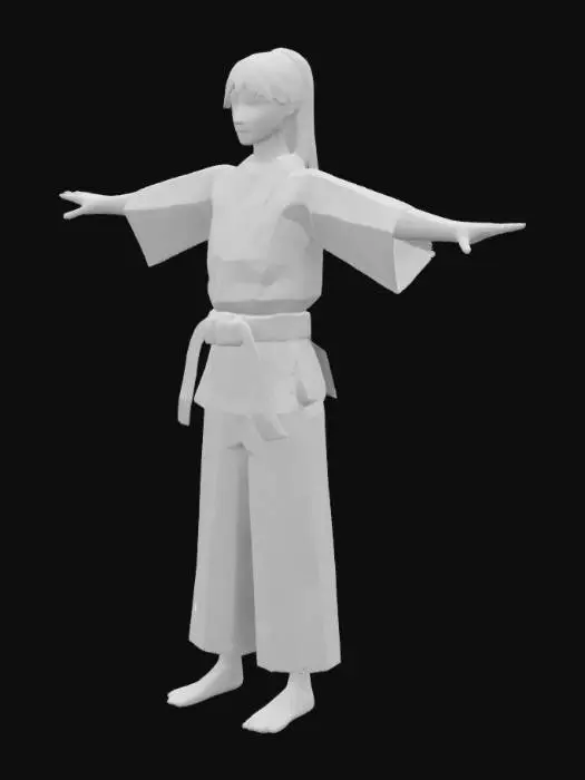 3D model for Barefoot woman with black hair tied up in a ponytail wearing a pink judo gi with a yellow belt tied around her waist in a t pose, beautiful, photorealistic, 3d, humanistic, realistic hands and feet
