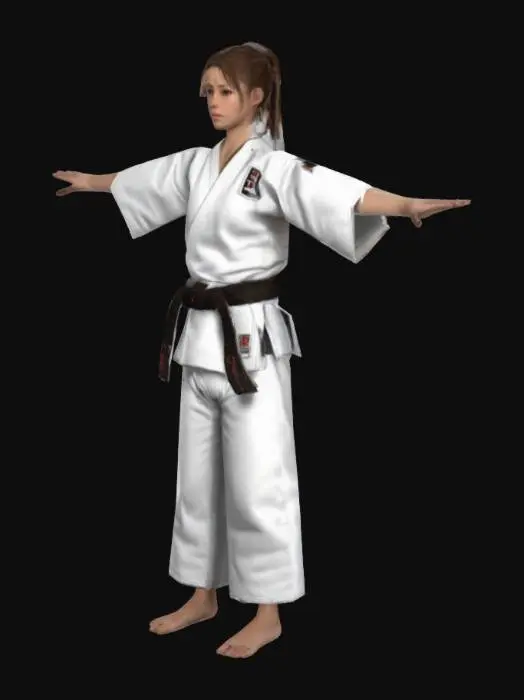 3D model for Barefoot woman with black hair tied up in a ponytail wearing a pink judo gi with a yellow belt tied around her waist in a t pose, beautiful, photorealistic, 3d, humanistic, realistic hands and feet
