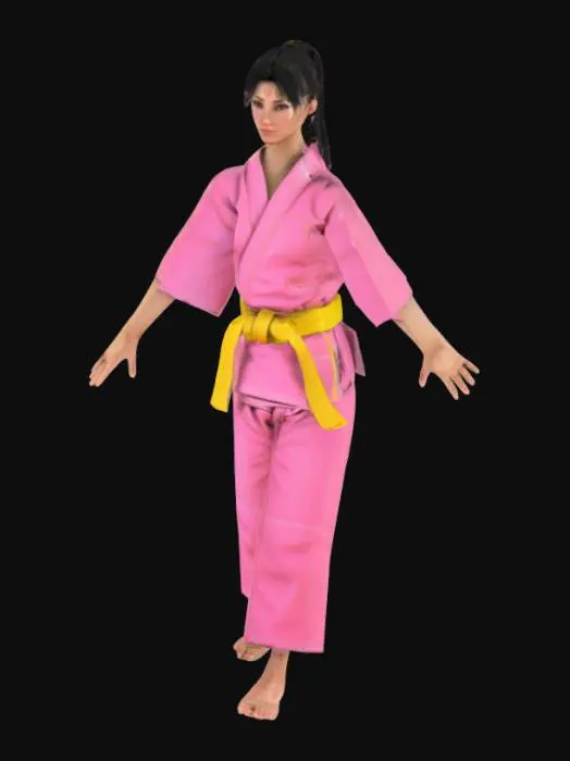 3D model for Barefoot woman with black hair tied up in a ponytail wearing a pink judo gi with a yellow belt tied around her waist in a t pose, beautiful, photorealistic, 3d, humanistic, realistic hands and feet
