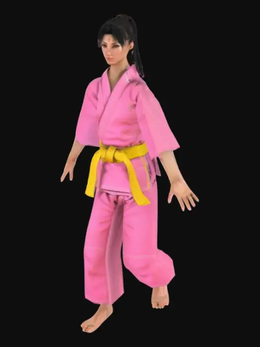 3D model for Barefoot woman with black hair tied up in a ponytail wearing a pink judo gi with a yellow belt tied around her waist in a t pose, beautiful, photorealistic, 3d, humanistic, realistic hands and feet
