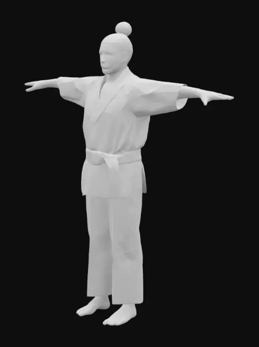 3D model for Barefoot woman with hair tied up in a bun wearing a blue judo gi with a white belt tied around her waist in a t pose, beautiful, photorealistic, 3d, humanistic, realistic hands, feet, and face
