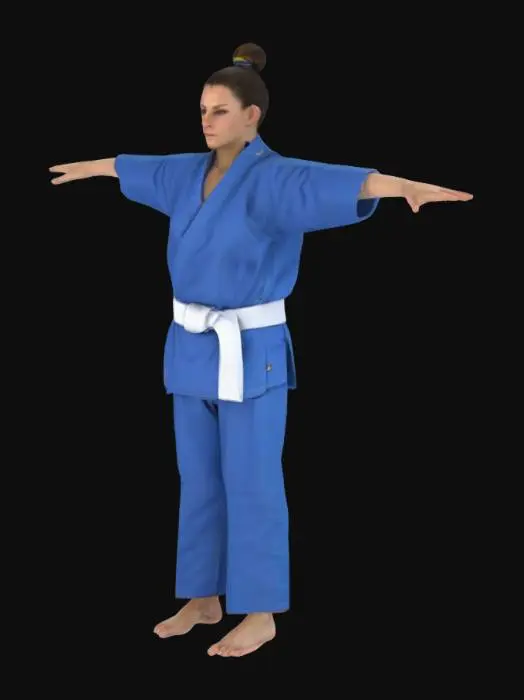 3D model for Barefoot woman with hair tied up in a bun wearing a blue judo gi with a white belt tied around her waist in a t pose, beautiful, photorealistic, 3d, humanistic, realistic hands, feet, and face
