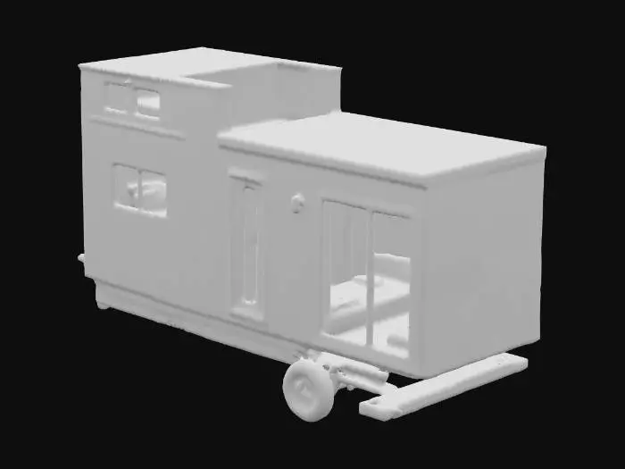 3D model for ikea style house on wheels, Scandinavian minimalist design, bright white and birch wood panels, modular tiny home on trailer, large glass windows, flat roof, cozy catalog photography, modern mobile architecture 