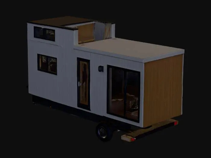 3D model for ikea style house on wheels, Scandinavian minimalist design, bright white and birch wood panels, modular tiny home on trailer, large glass windows, flat roof, cozy catalog photography, modern mobile architecture 