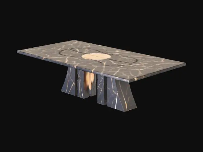 3D model for SUBJECT: luxury dining table carved from black marble with subtle bronze inlays, monolithic geometric base, polished obsidian top
ACTION & COMPOSITION: 3/4 view from eye level, centered composition
LIGHT & MOOD: dramatic studio lighting, cinematic contrast, mysterious elegance
BACKGROUND: neutral dark grey gradient, soft reflections on floor
STYLE: CGI / product photography, luxury minimalism
COLOR: black marble, bronze highlights, deep shadows
DELIVERABLE: ultra high resolution, clean edges, no watermark
NEGATIVE: no people, no clutter, no text