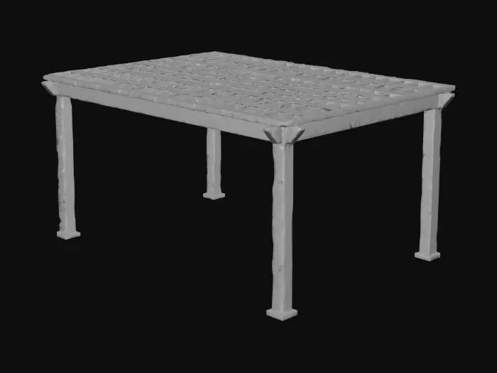 3D model for A realistic 3D model of a sturdy, open architectural structure, either a carport or a pergola. It features substantial, dark brown wooden beams forming the main supports and framework, exhibiting a smooth, visible wood grain. These structural components are precisely interconnected with sleek, matte black steel connectors, which have a non-reflective, slightly textured finish. The top surface is covered by an array of light wooden slats, arranged horizontally to complete its clean and architecturally proportionate form.