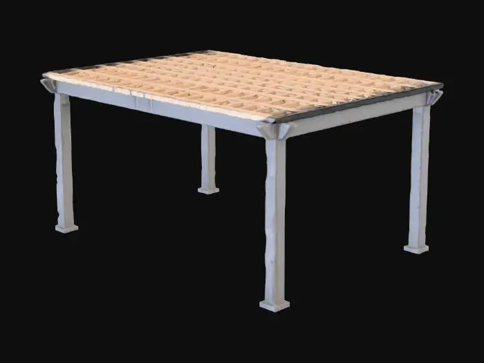 3D model for A realistic 3D model of a sturdy, open architectural structure, either a carport or a pergola. It features substantial, dark brown wooden beams forming the main supports and framework, exhibiting a smooth, visible wood grain. These structural components are precisely interconnected with sleek, matte black steel connectors, which have a non-reflective, slightly textured finish. The top surface is covered by an array of light wooden slats, arranged horizontally to complete its clean and architecturally proportionate form.