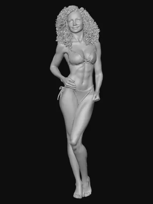 3D model for Hyper-real full-length portrait of a Brazilian female athlete in a minimal sport bikini (teal), confident S-curve stance, defined abs and legs, healthy skin sheen; curly shoulder-length hair, subtle glow makeup; studio softbox lighting with gentle rim light, crisp shadows under feet; camera at waist height, 50 mm, slight 3/4 front; seamless matte gray background, no props, no text, photoreal, sharp detail — full body in frame, feet on floor