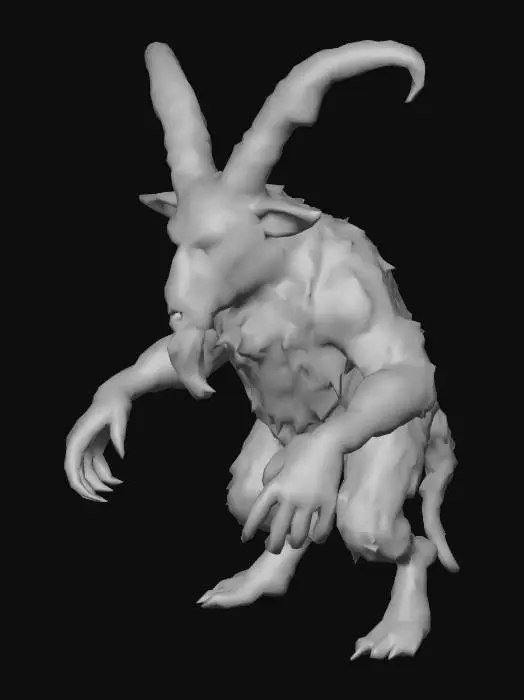 3D model for Krampus--a hunched goat-demon with curly horns and thick fur